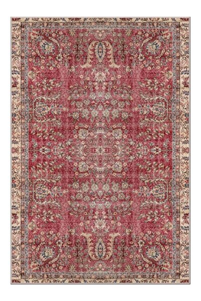 Halımax Drom Kaymaz Tabanlı Yıkanabilir Eskitme Kırmızı Etnik Halı