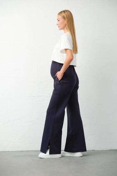 BUSA Hamile Esnek Karın Bantlı Yandan Yırtmaçlı Beli Ayarlanabilir Alt Eşofman Koyu Lacivert