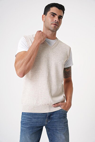 CHUBA Men's V-Neck Regular Fit Knitwear Sweater Beige 25W2001
