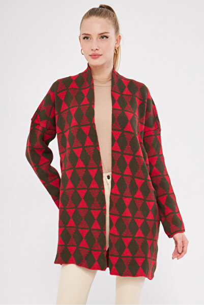 armonika Women's Red Long Patterned Knitwear Cardigan Arm-25K 012005