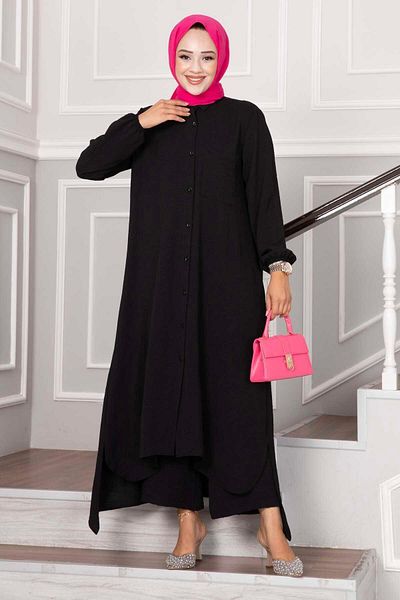 EBRUTESETTÜR Aerobin Hijab 2 Piece Set with Buttons from the Neck Black