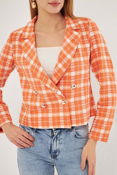 armonika Γυναικείο λευκό-πορτοκαλί διπλό γιακά Tweed Crop Jacket ARM-24K 001014