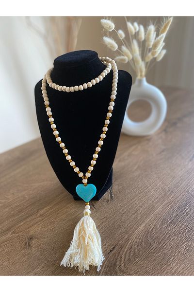 Store Wooden Beaded Boho Nib Tasseled Heart Necklace