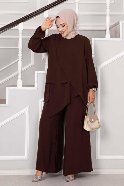 EBRUTESETTÜR Asymmetric Cut Aerobin Hijab - 2 Piece Brown Set