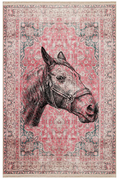 Halımax Drom Kaymaz Tabanlı Yıkanabilir Kırmızı Vintage At Figürlü Etnik Halı
