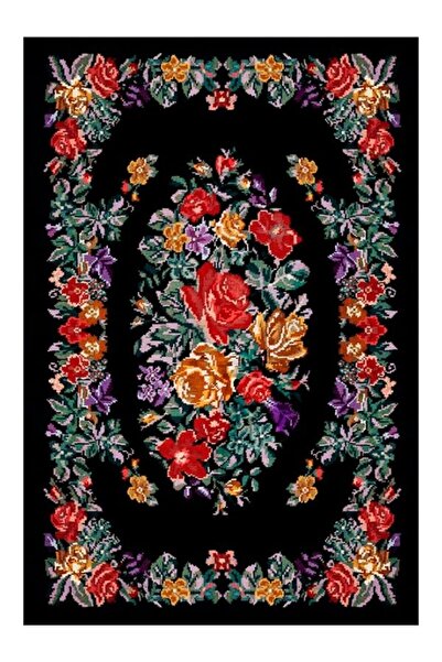 Halımax Drom Kaymaz Tabanlı Yıkanabilir Siyah Karabağ Çiçekli Modern Halı