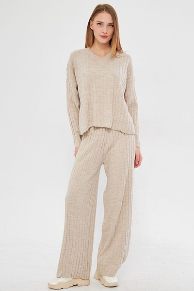 armonika Women's Beige V-Neck Double Knitwear Suit Arm-25K 012002