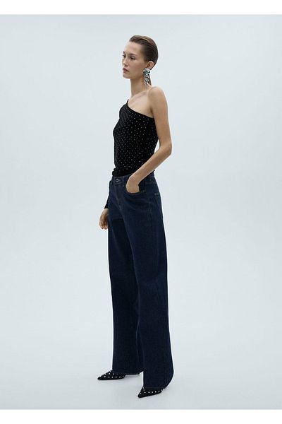 MANGO Woman Asymmetrical Velvet Blouse with Strass Stones