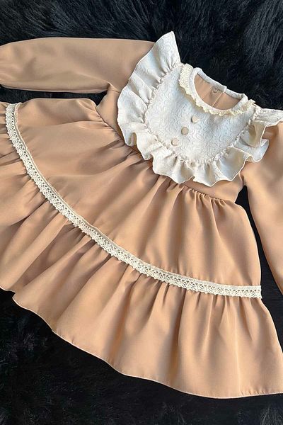 Bertuğ Bebek Camel Brown Colored Special Design Lace and Button Detailed Baby Girl's Evening Dress
