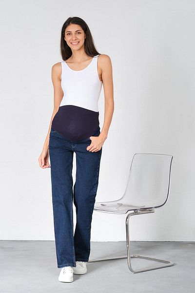 BUSA Pregnant Wrap-Around Flexible Banded Wide Leg Jeans with Back Belt Navy Blue