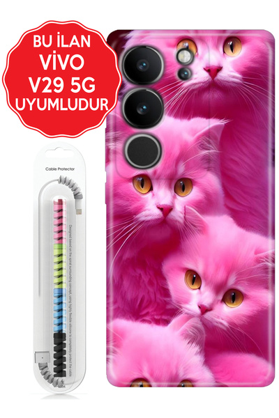 vivo Y15S V21 V21E V29 V30 Lite 5G Kılıf Temalı Telefon Kılıfı Pembe Kediler