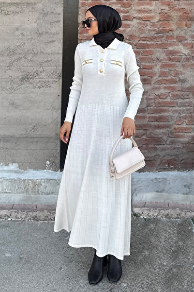 QLAY Kadın Ekru Dügmeli Fitilli Triko Elbise