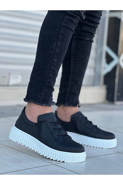 BOA Kb-X502 Black Skin High White Sole Lace Detailed Elastic Casual Men's Shoes