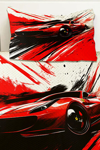 Else Dekor Комплект единично покривало за легло с шарка на червена състезателна кола за момче, ватирано покривало за легло