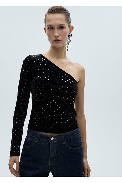 MANGO Woman Asymmetrical Velvet Blouse with Strass Stones