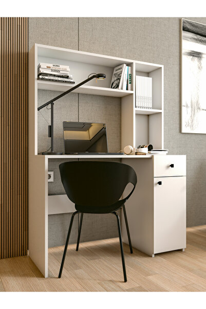 MONTENERO Çalışma Masası Parlak Beyaz Kitaplıklı Raflı Modern Masa
