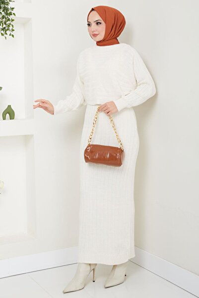 hafsamina Ecru Knitwear Gilet Blouse and Suit - Hm2551