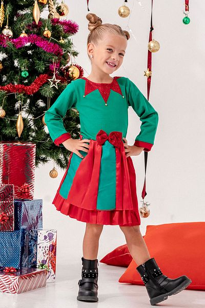 Beniizle Girl's Christmas Dress with Bow Detail and Clown Collar