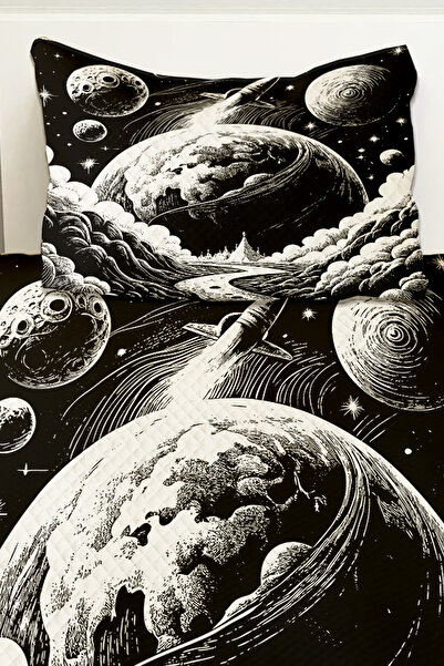 Else Dekor Комплект детско единично покривало за легло с шарка "Космическата луна и планетата" в черно и бяло, ватирано покривало за легло