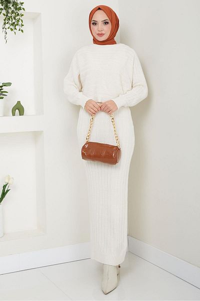 hafsamina Ecru Knitwear Gilet Blouse and Suit - Hm2551