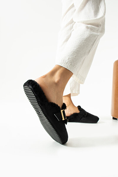 Moda Devrin Black Suede Buckle Inside Plush Slippers