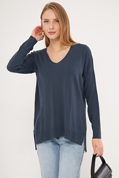 armonika Women's Navy Blue V-Neck Front Short Rear Long Knitwear Sweater ARM-22Y012013