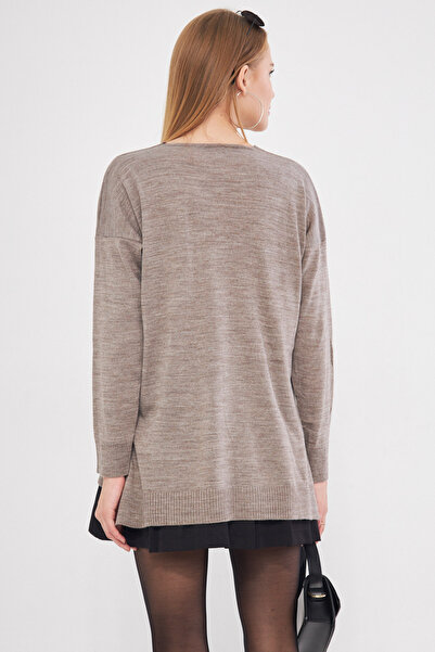 armonika Women's Light Mink V-Neck Front Short Back Long Knitwear Sweater ARM-22Y012013