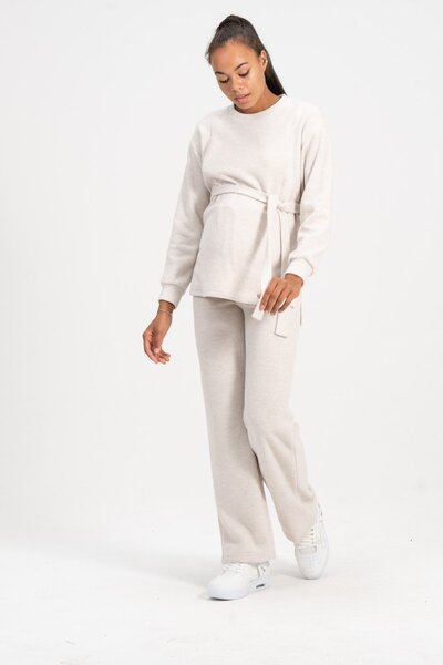 BUSA Hamile Emzirme Detaylı Yüksek Bel Bol Paça Yumuşak Dokulu Triko Takım Krem