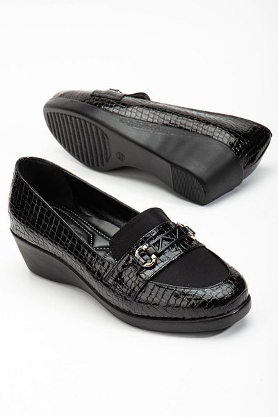 Dilimler Ayakkabı Black Patent Leather Crocodile Printed Women's Wedge Heeled Shoes