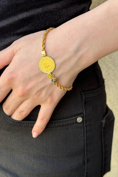 ZÜMRÜT SARRAF 14 Ayar Altın Halat Zincirli Çeyrek Altınlı Bileklik