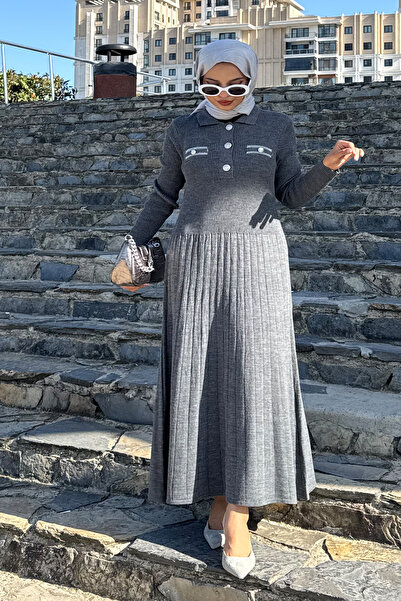 QLAY Γυναικείο φόρεμα ανθρακί με κουμπιά κοτλέ