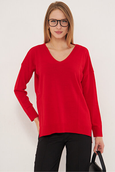armonika Women's Red V-Neck Front Short Rear Long Knitwear Sweater ARM-22Y012013