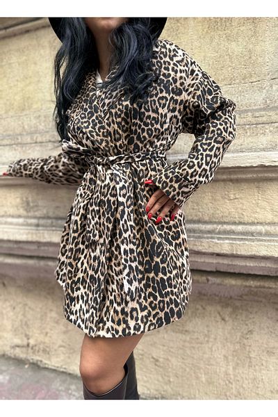 moneta boutique Women's Leopard Patterned Belted Trench Coat
