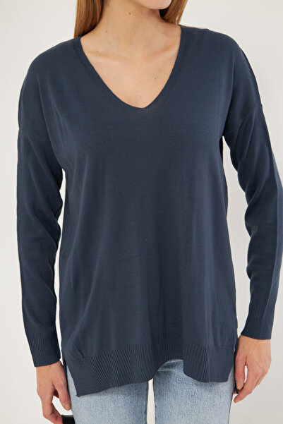 armonika Women's Navy Blue V-Neck Front Short Rear Long Knitwear Sweater ARM-22Y012013