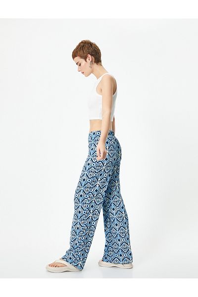 Koton New Season Wide Leg Trousers Ethnic Patterned Comfortable Fit Wrinkled