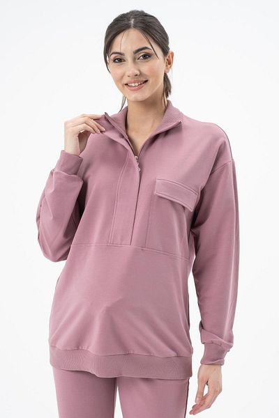 BUSA Set de trening pentru maternitate, buzunar frontal, guler cu fermoar, cu bandă elastică pentru abdomen, Dusty Rose