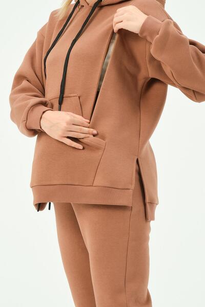 BUSA Σετ φόρμας θερμικής θηλασμού εγκυμοσύνης με κουκούλα καφέ