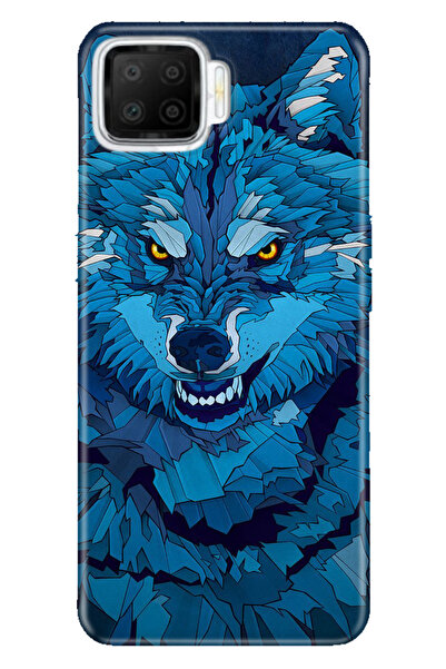 OPPO A73 Uyumlu Kılıf Silikon Desenli Tam Koruma Resimli Kapak Mavi Çizim Kurt