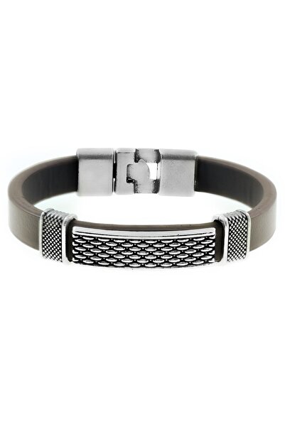 Tesbihane Dot Embroidered Brown Non-Tarnish Metal-leather Combination Men's Bracelet104000472