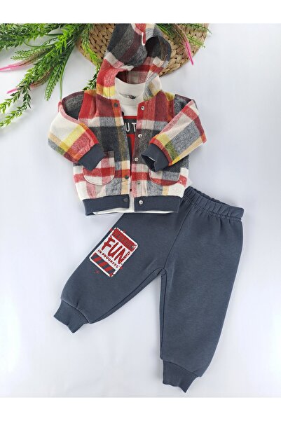 Butik Erkek Bebek / Çocuk Yelek Pantolon Body Üçlü Takım Kapüşonlu Süet Doku Premium Kalite