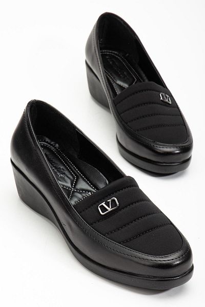 Dilimler Ayakkabı Women's Wedge Heeled Shoes Black Stretch Skin Stitched Face
