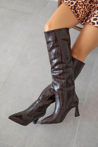 STRASWANS Santa Γυναικείες μπότες Pino Heel Crocodile Δερμάτινες Μπότες Καφέ