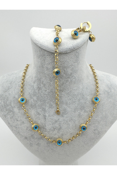 Inure Jewelry Eyes On Nazar Boncuklu Vip Altın Kaplama Göz Çelik (Kolye & Bileklik & Küpe) 3'lü Set