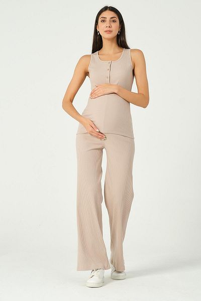 BUSA Maternity Zero Sleeve High Waist Ribbed Suit Beige