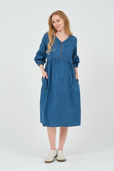 BUSA Rochie de denim cu mâneci cu fermoar cu rever de maternitate, lungime midi, albastră