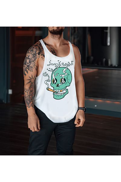 CDA White Sports Tank Top - BLUE SMOKED SKELETON GYM TANK TOP
