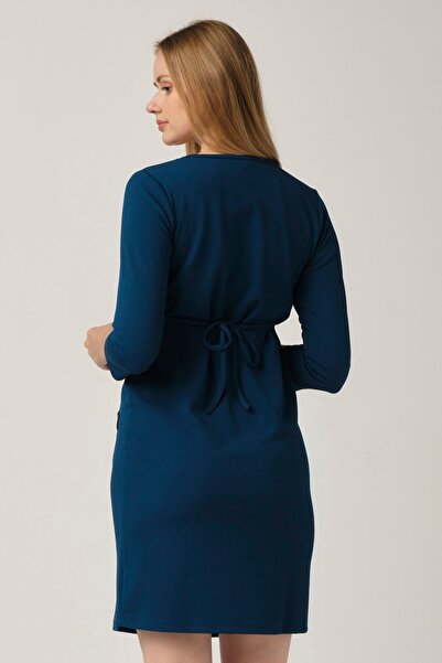 BUSA Hamile Çelik Kumaş Deri Garnili Dar Kesim Günlük Elbise Turkuaz