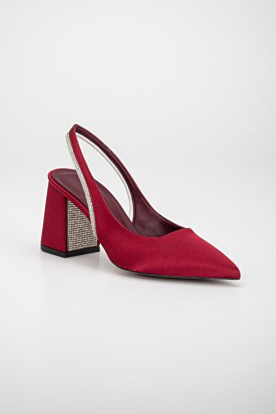 Dilimler Ayakkabı Satin Heel Stoned Burgundy Large Size Women's Shoes Heeled Evening Dress