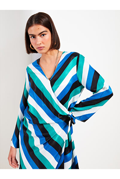 LC Waikiki V-Neck Patterned Long Sleeve Satin Women's Dress