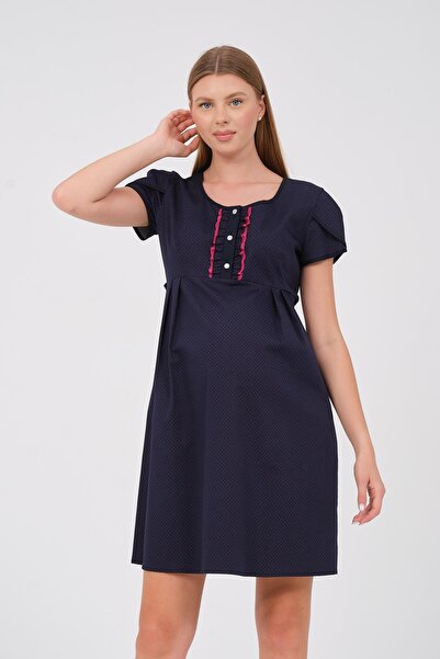 BUSA فستان فوشيا قصير - أكمام قصيرة للحوامل، رقبة دائرية منقط